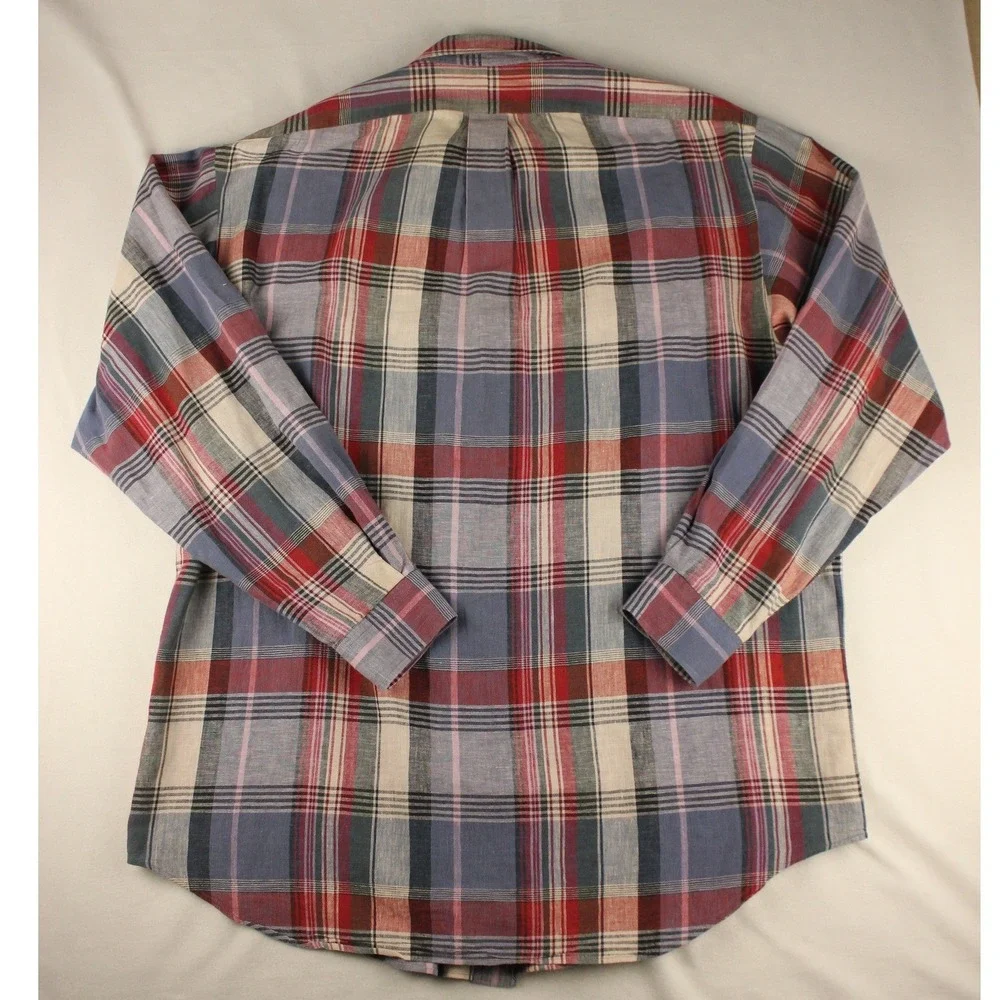 Polo Ralph Lauren Plaid Shirt Mens Large‎ Linen Cotton Button Up Red Blue